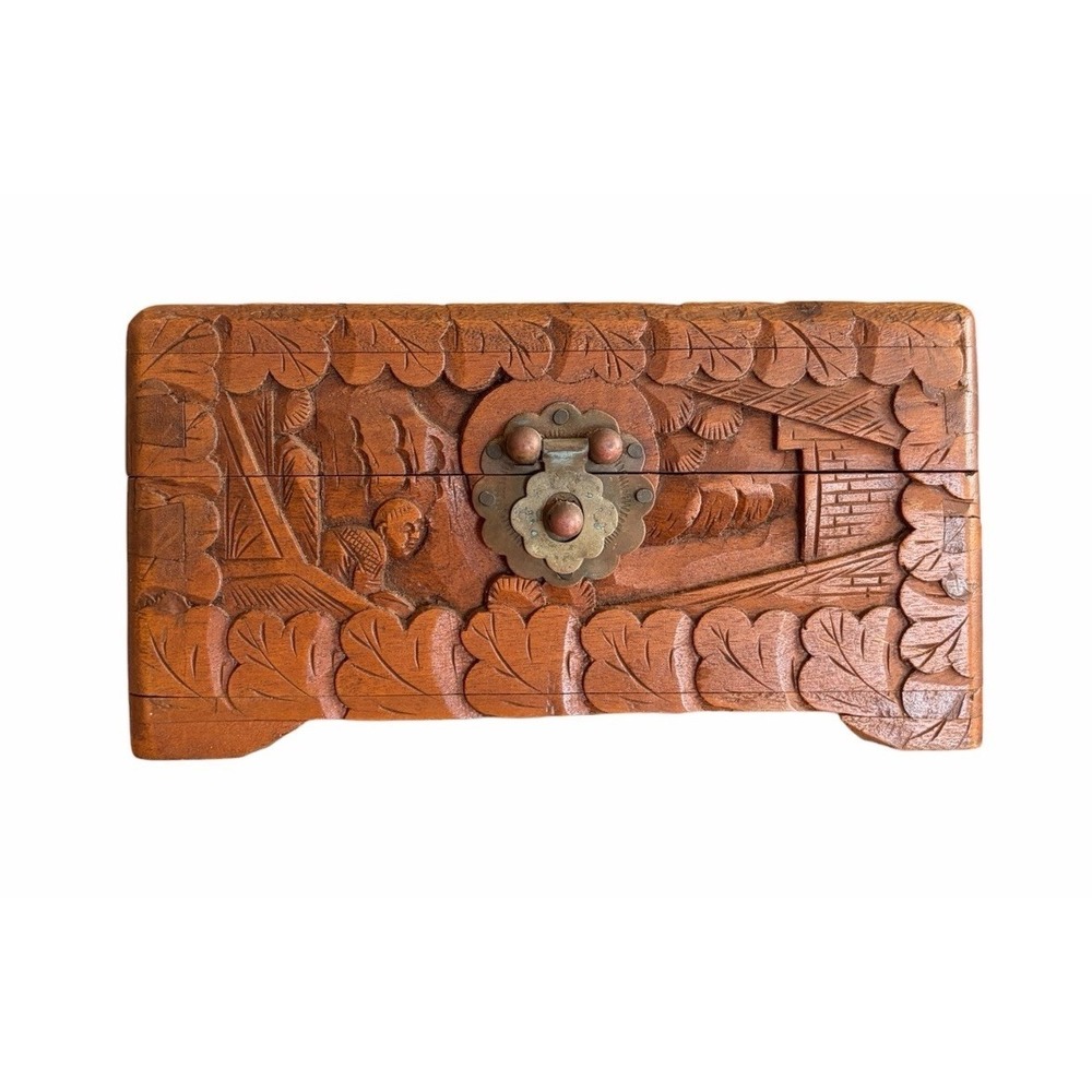Mid Century Chinese‎ Hand Carved Wooden Box Footed Jewelry Chest Hinged Lid Teak